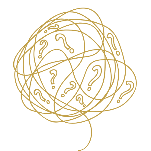 Ein verwirrter Knäuel mit vielen Fragezeichen.