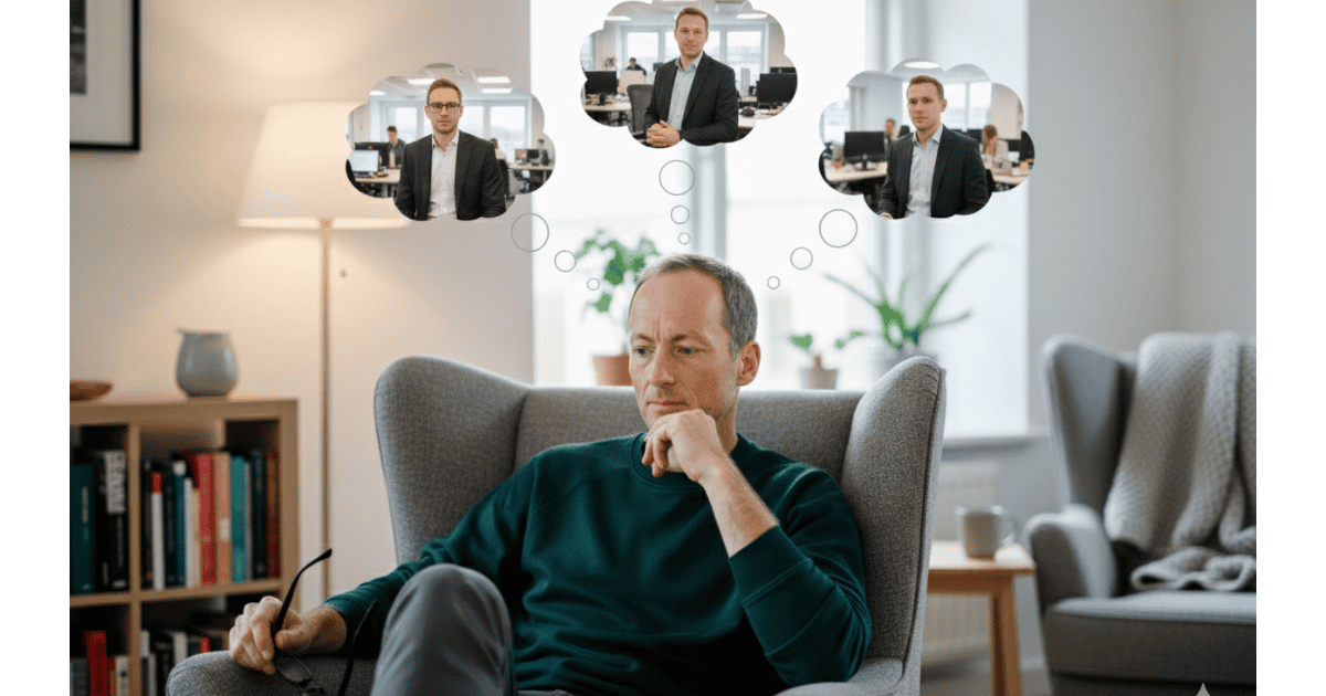 Klaus sitzt in einem Sessel und über ihm drei Gedankenblasen, in denen sich drei Personen im Büro zeigen, die sich sehr ähneln.