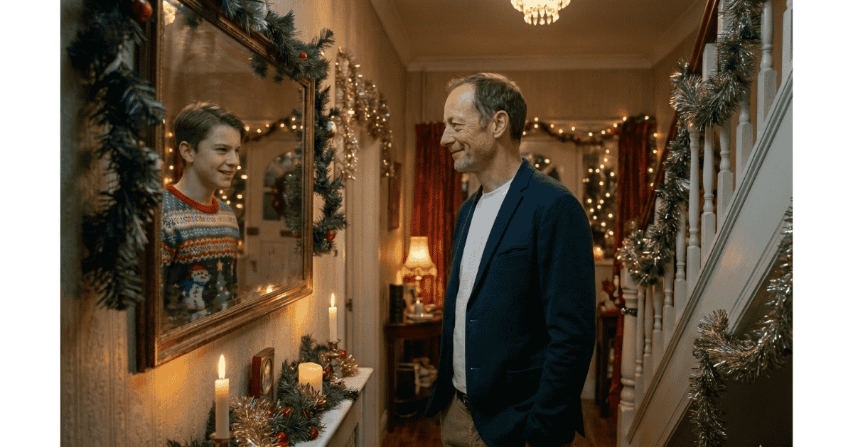 Ein erwachsener Mann im Anzug steht in einem weihnachtlich geschmückten Treppenhaus und blickt in einen Wandspiegel, aus dem ein Junge als sein Spiegelbild zurückschaut, so als ob der Mann sein früheres Ich im Spiegel erblickt.