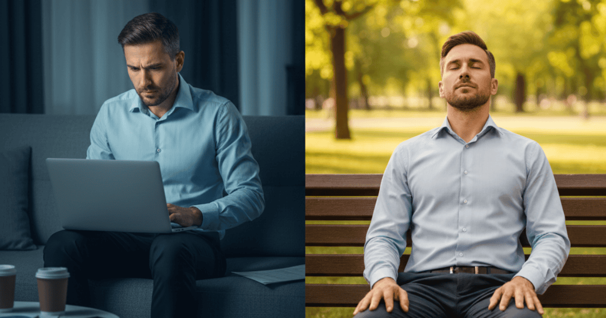 Ein Mann im Hemd und dunkler Hose sitzt auf einem Splitbild links im Blaulicht des Monitors vor seinem Laptop, angespannt und konzentriert. Rechts sitzt er entspannt auf einer Parkbank im Grünen mit geschlossenen Augen, den Kopf zurückgelehnt. 