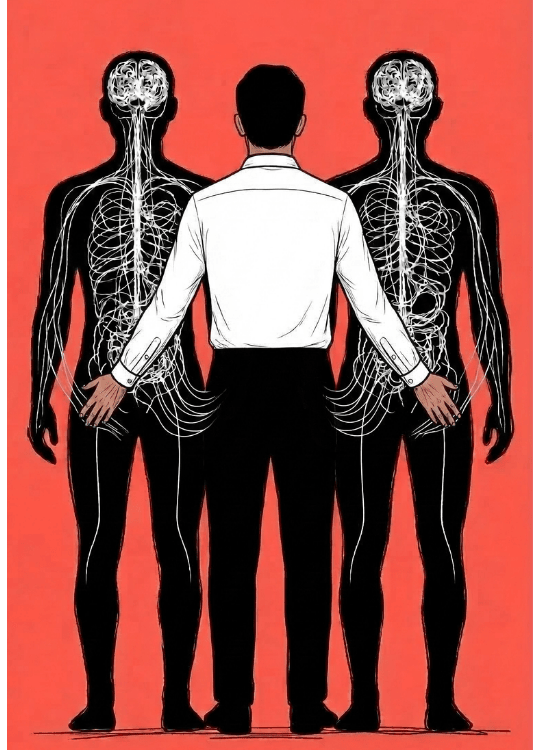 Stilistische Darstellung einer Führungskraft im weißen Hemd und schwarzer Hose, dem zwei schwarze Silhouetten mit stilisierten Nervensystemen verbunden gegenüber stehen.