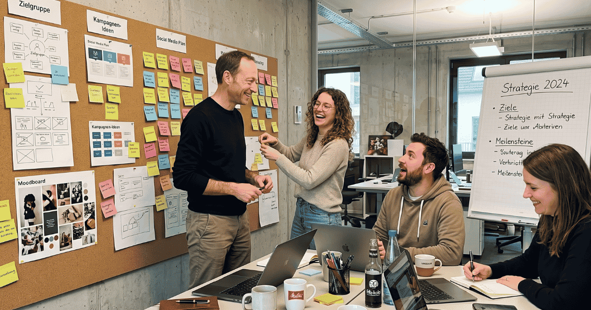 Klaus mit einem kreativen Team aus drei Personen bei der lockeren Zusammenarbeit in einer Agentur.